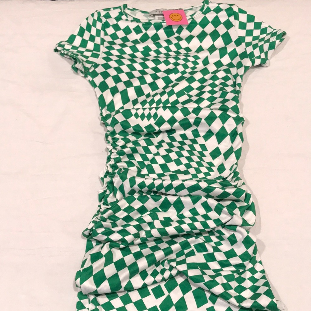 Dressed In LALA “Vibe Check Checkered Dress” Ruched Green White S - Picture 3 of 14